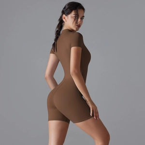 Detailed back view of high-elasticity brown short-sleeve yoga bodysuit for fitness