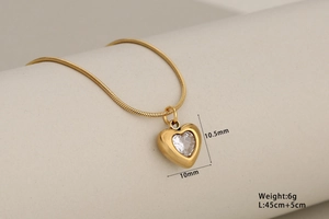 Detail showing heart pendant size 10.5mm by 10mm with 45cm plus 5cm snake chain