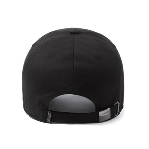 Adjustable back view of a black cotton baseball cap with narason metal buckle and strap