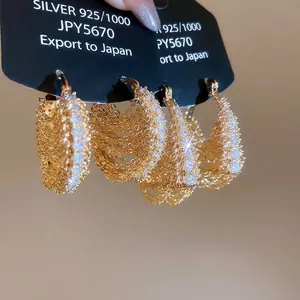 18K Gold Plated Multi Layer Chain Hoop Earrings With Zircon 925 Sterling Silver Earring Post Palace Style For Women