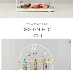 Detailed view of arch jewelry organizer with 8 hooks, wooden bar and base tray