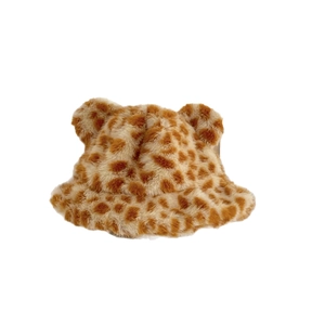 Winter plush leopard print bucket hat with cute 3D ears for warm outdoor fashion