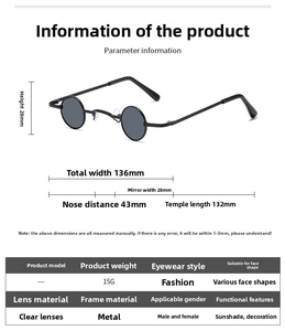 Size chart showing 28mm lens width and 136mm frame for punk small round sunglasses