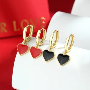 925 silver heart earrings with red and black enamel charms and golden finish