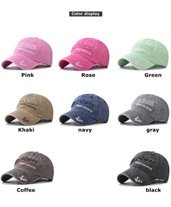 Grid display showing eight vintage washed cotton baseball caps in various colors