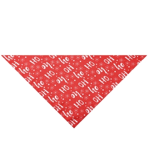 Detail of red Christmas pet bandana with HO HO HO text and white snowflake patterns