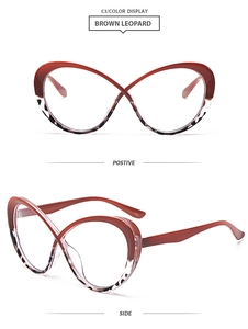 Detail of TR90 large frame glasses with bicolor red-brown and leopard pattern design
