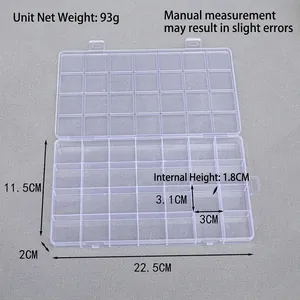Detail view of 36-grid clear PP plastic storage box with precise compartment dimensions
