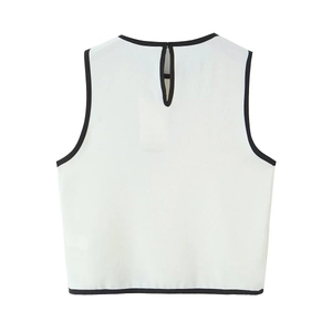 Witte mouwloze crop top voor dames met zwarte contrastbies en sleutelgat aan de achterkant