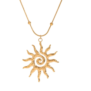 Hammered stainless steel sun pendant necklace with spiral center on gold snake chain