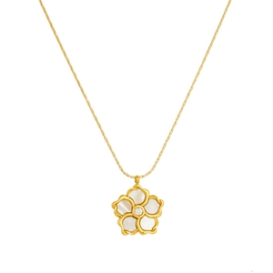 Gold plated stainless steel necklace with white shell flower pendant and zircon center