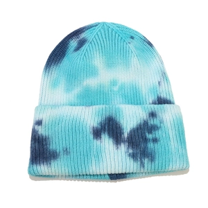 Blue and white tie-dye knit beanie with cuffed brim for women outdoor winter warmth