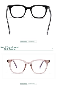 Vista frontal y superior de monturas de gafas rosa transparente en acetato de calidad