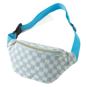 Unisex blue checkered waist bag with adjustable nylon strap and gold zipper