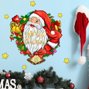 Vue détaillée du sticker mural père Noël avec texte doré Merry Christmas et étoiles jaunes