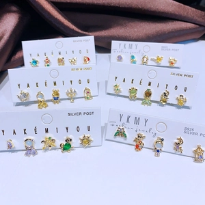 Sweet Cartoon Zircon Assorted Stud Earrings With 925 Sterling Silver Earring Post Copper Gold Plated Jewelry For Women
