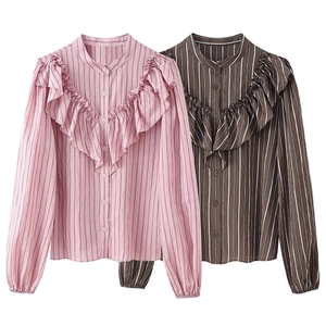 Pink and brown striped long sleeve shirts with ruffled V-neck and French retro design