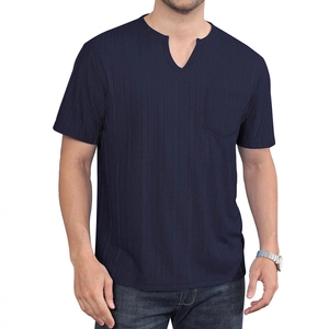 Men's navy blue short sleeve V-neck T-shirt with vertical stripe texture and chest pocket