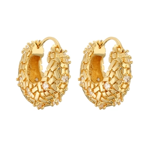 Luxurious 14K gold plated chunky hoop earrings with zircon stones and woven metal texture