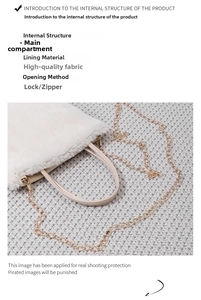 Detail view of white plush crossbody bag with golden chain strap and zip lock closure