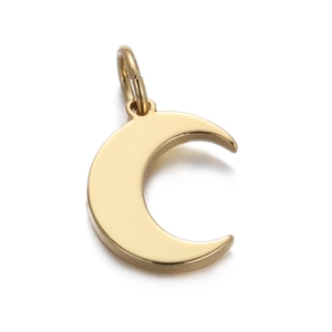 Macro view of gold-plated crescent moon pendant with polished metallic surface finish
