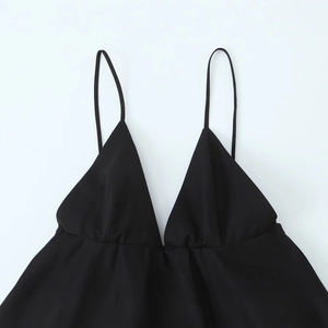 Chic black sleeveless mini dress with deep V-neckline and thin spaghetti straps for women