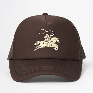 Detailed view of dark brown mesh trucker hat featuring vintage cowboy embroidery