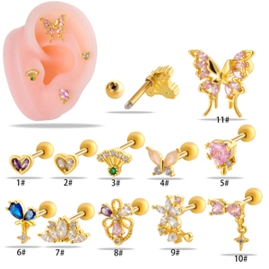 Set of gold stainless steel cartilage earrings with colorful zircon butterfly and heart