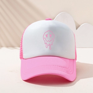Cappellino trucker bianco e rosa con stampa smiley sfumato per uno stile casual outdoor