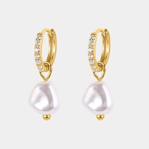 Elegant S925 silver gold hoop earrings with baroque pearls and sparkling zircon accents