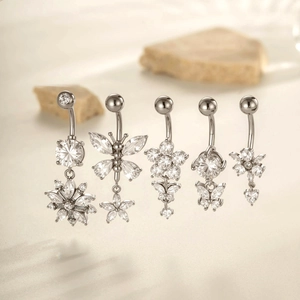 5pcs silver stainless steel belly rings set with flower and butterfly zircon pendants