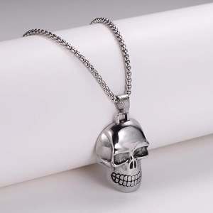 Gothic punk skull pendant necklace for men made of polished silver stainless steel