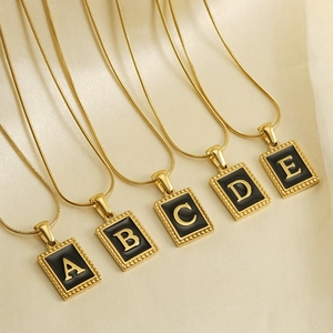 18K gold plated titanium steel snake chain with black square initial letter pendants A-E