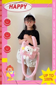 Pink plush kids crossbody bag featuring a 3D teddy bear and colorful floral accents