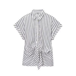 Camicia A Righe In Misto Lino Da Donna Manica Corta Nodo Sul Davanti Risvolto Camicetta Casual Con Bottoni Dorati Estate Elegante