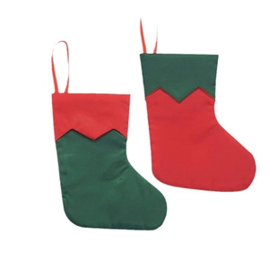 Set of 7-inch green and red Christmas elf stockings with serrated edges and hanging loops