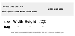 Detailed size chart for mesh tote bag showing dimensions and available color options