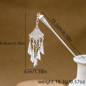 Silver hollow fan hair pin with layered tassels and teardrop charms detail view
