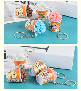 Detail showing colorful popcorn bucket keychains in brown, pink, blue and white colors