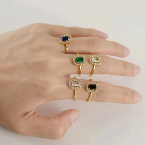 Adjustable stainless steel ring with rectangular colored zircon gemstone for women