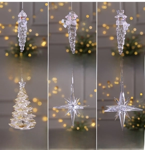 Clear acrylic Christmas tree and snowflake ornaments for festive holiday decorations