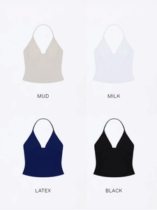 Deep V-neck halter tops shown in Mud, Milk, Latex, and Black color options