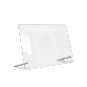 Detail of clear acrylic weekly plan board with metal stands and printed schedule