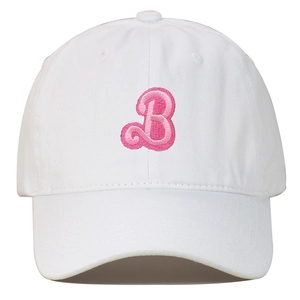 Detailed view of pink 3D towel-embroidered B letter on a white cotton baseball cap