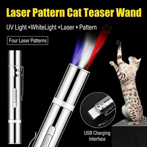Silver USB rechargeable laser cat toy with UV light and four pattern modes