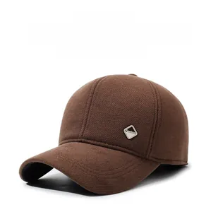 Detailed view of winter wool baseball cap with side metal label and ear protection