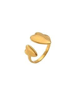 Detail shot of the 18k gold plated open ring featuring a unique double heart design