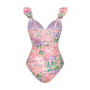 Detail of floral one-piece swimsuit with ruffle straps and deep V-neck in pink