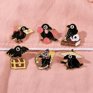 Detailed set of six enamel crow brooches featuring magic and gothic fantasy elements