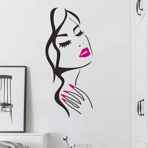 Minimalist black silhouette wall sticker with pink lips and nails for bedroom decoration